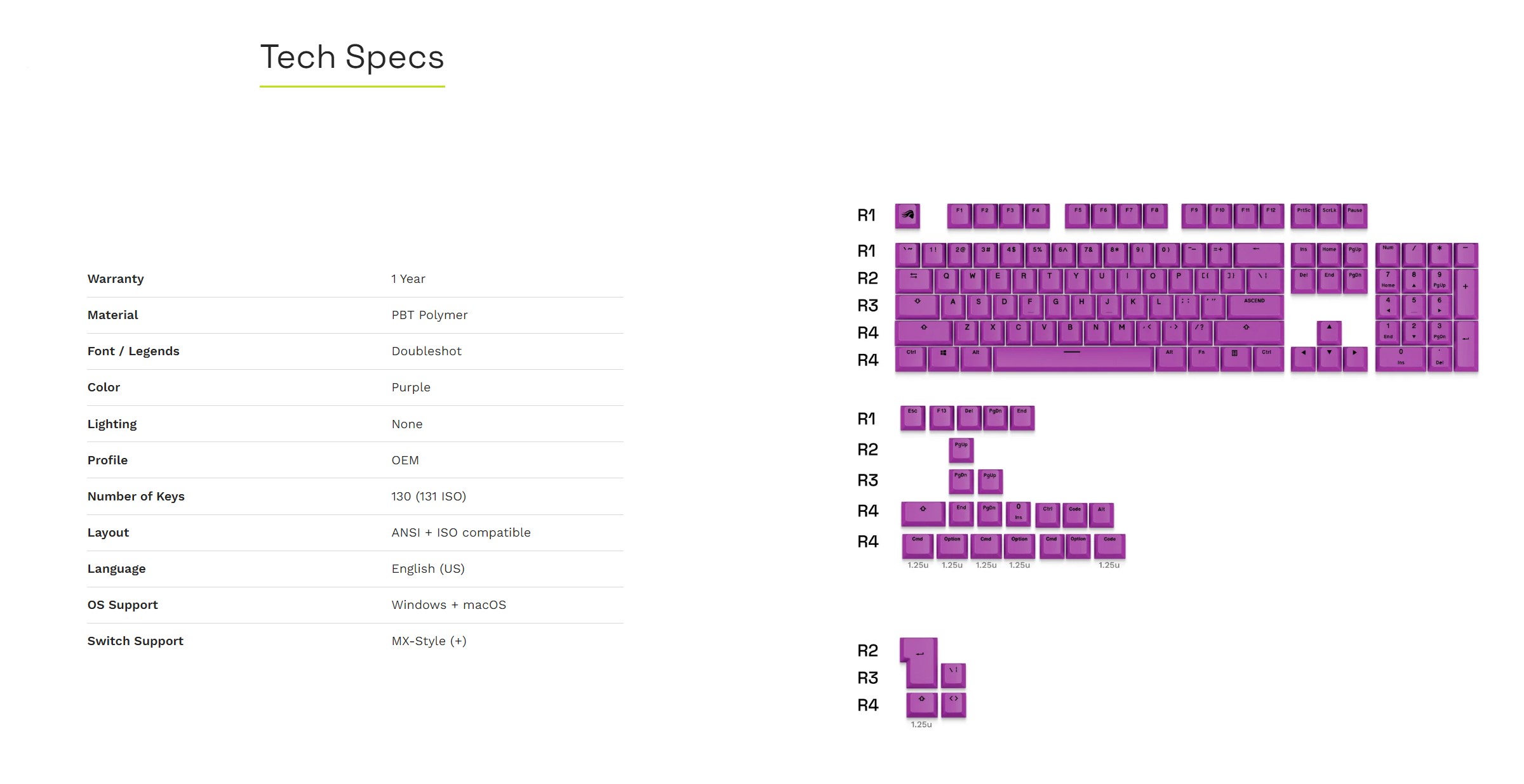 A large marketing image providing additional information about the product Glorious GPBT Basics Keycaps - Epic Purple - Additional alt info not provided